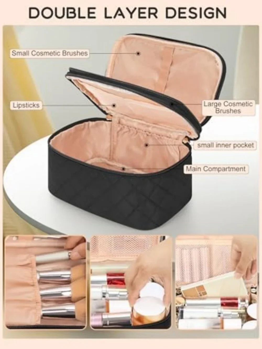 Spacious Travel Makeup Bag with Brush Holder, Organizer for Cosmetics
